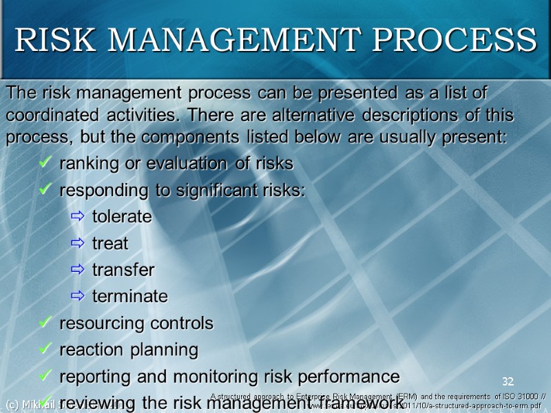 (c) Mikhail Slobodian 2015 32 RISK MANAGEMENT PROCESS A structured approach to Enterprise Risk